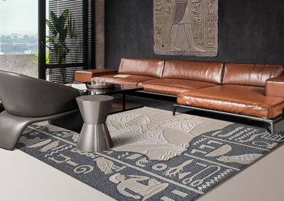 Dual-texture Egyptian style rug in a living room interior