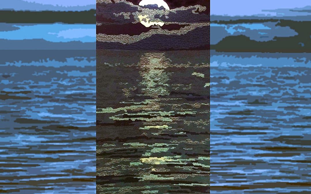 Hand-tufted Moonlight Path Rug with moon reflection on the sea background