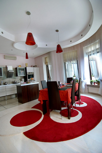 Oval contemporary rug white-red and ceiling medallion