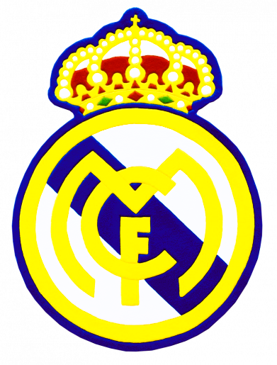 Full view of the Real Madrid rug featuring the club emblem and sculpted relief