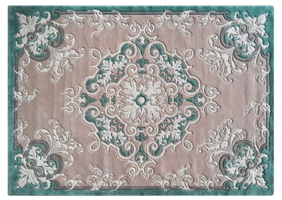 "Classic rectangular wool rug handcrafted in pastel green and beige by Carpet Studio"