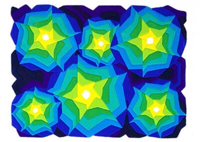 Colorful hand-tufted rug with stylized white stars and irregular edges