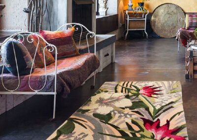 Floral rug with hibiscus in modern living room
