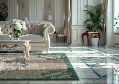 "Classic rug in living room interior – soft pastel colors and traditional design"