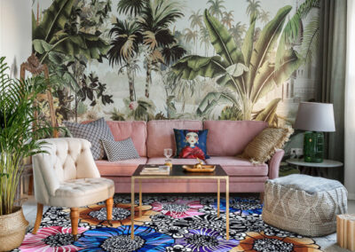 Visualization of bright abstract flower rug in modern room