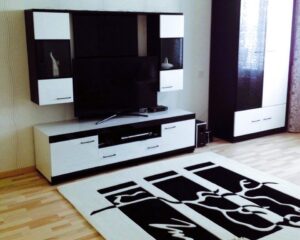 Black and white rug with graphic design in modern minimalist interior