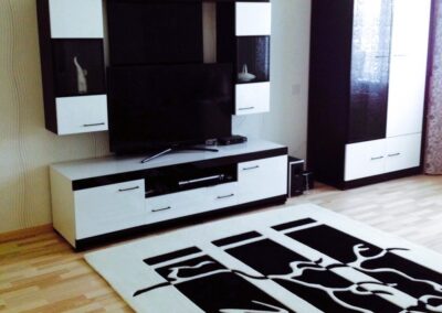 Black and white rug with graphic design in modern minimalist interior