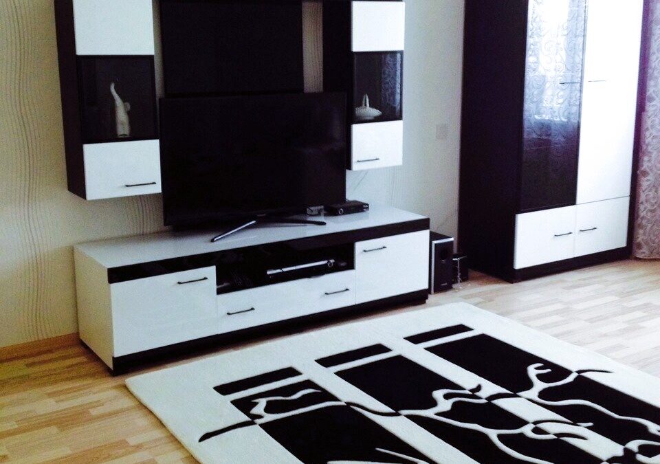 Black and white rug with graphic design in modern minimalist interior
