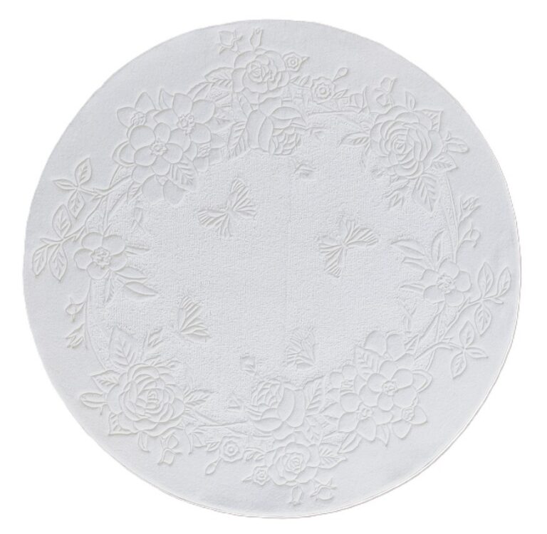 Round white carpet with two textures and relief floral pattern