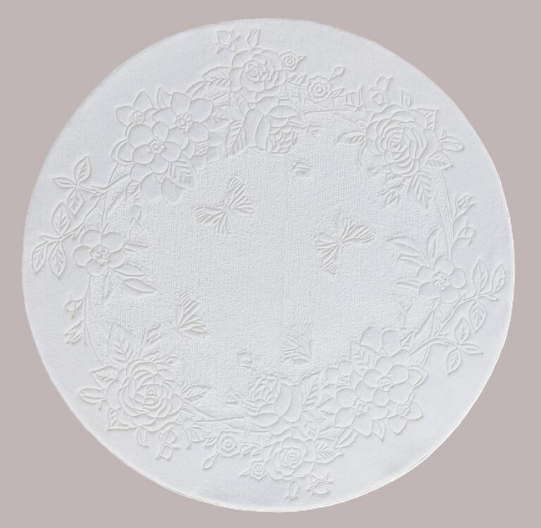 Round white carpet with two textures and relief floral pattern