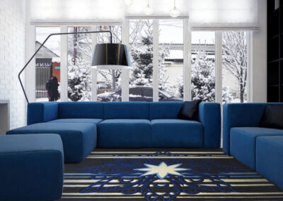 Snowflake rug neoclassical interior visualization – elegant black and blue pattern