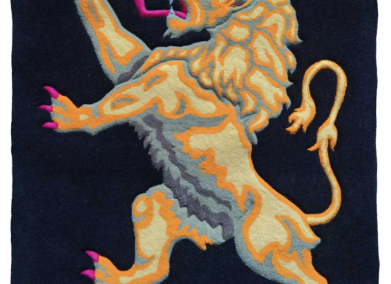 Full top view of the hand-tufted Brabant Lion rug, Belgian Coat of Arms