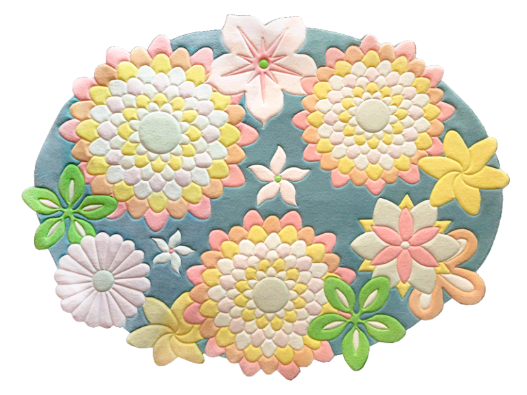 Овальный ковер в холодных тонах с цветами, общий вид