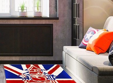 Stylish Big Ben rug with abstract British flag design displayed in a modern interior