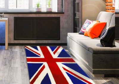 Handmade Union Jack rug styled in a contemporary interior on the floor