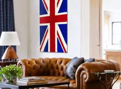 Union Jack rug displayed on the wall as a decorative statement piece